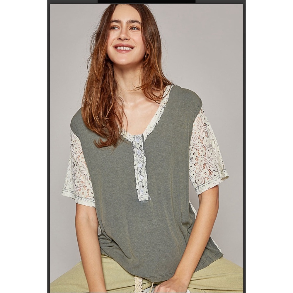 POL Olive Knit Top with Cream Lace Sleeves
